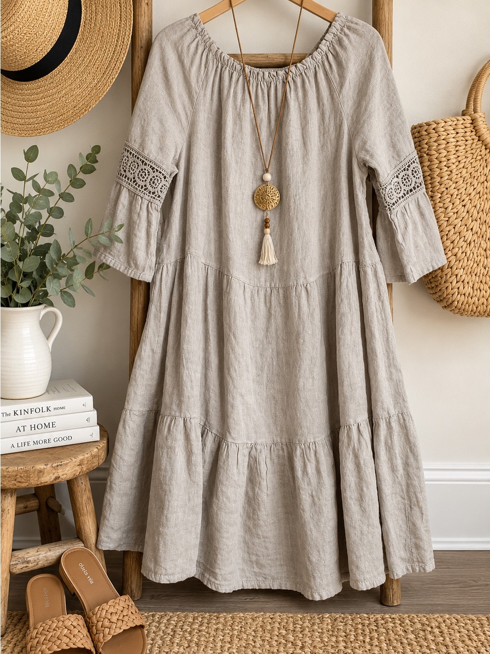 Relaxed Tiered Midi Dress with Crochet Sleeve Detail in Light Beige